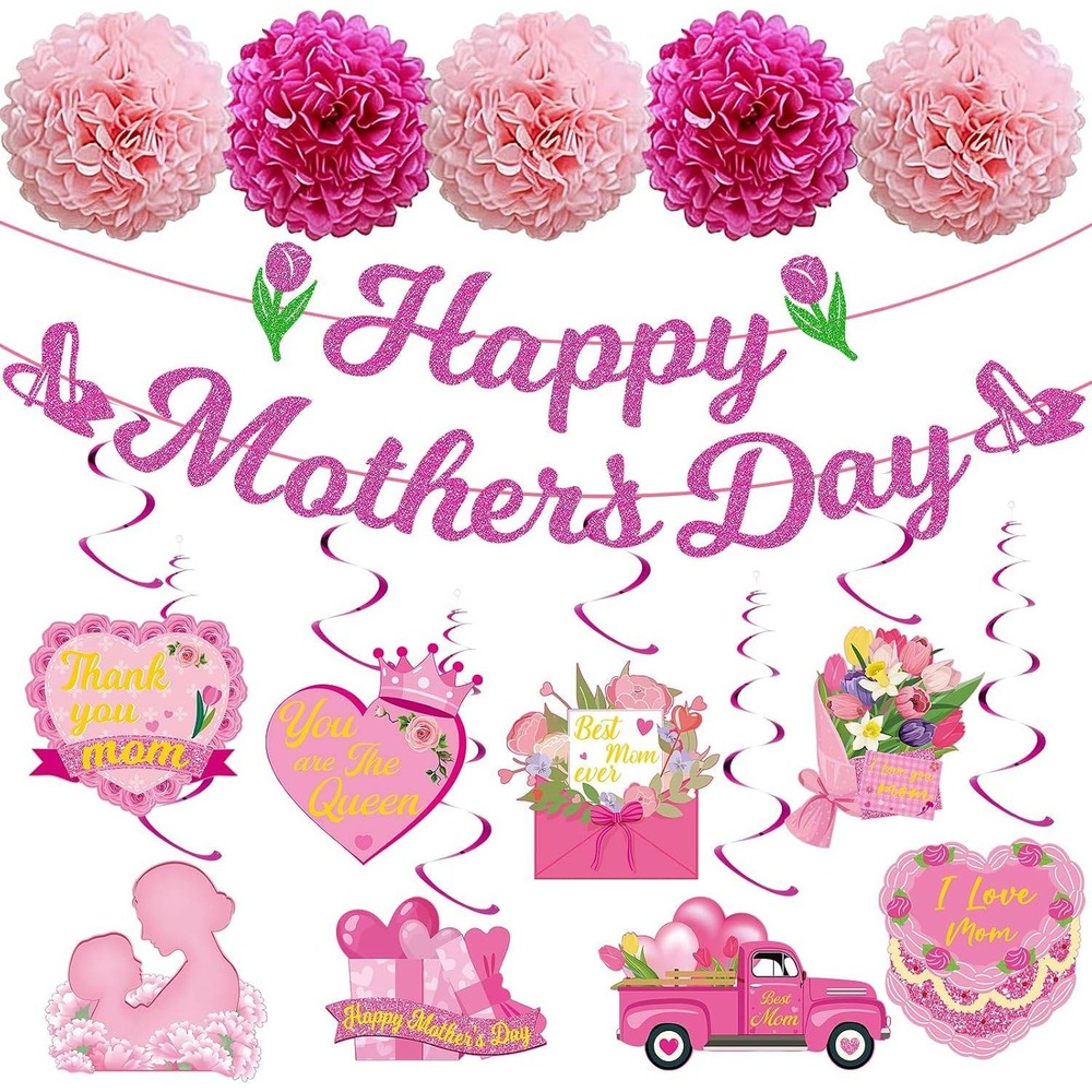 Happy Mothers Day Party Decoration Set Pink New Glitter Banner Swirls
